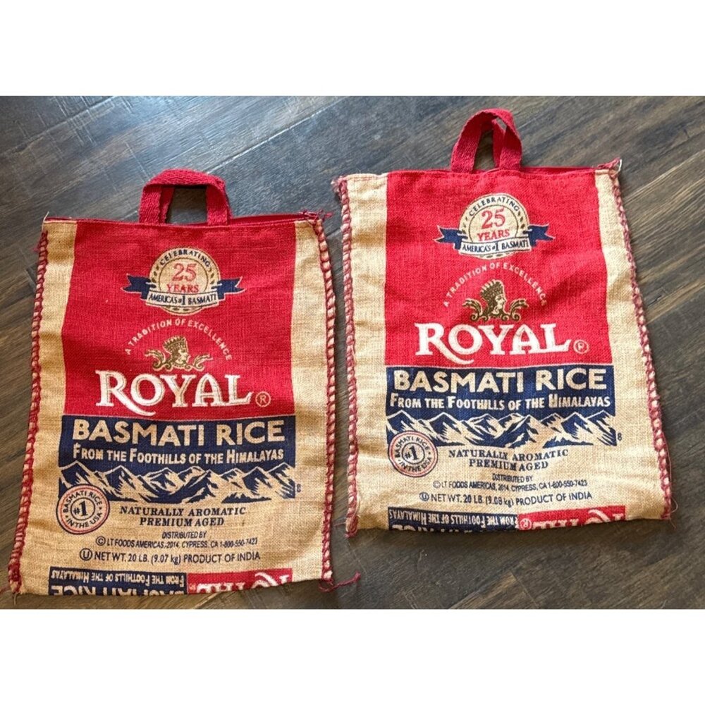 2 Royal Basmati Rice Burlap Bags Zip Closure With Handles EUC